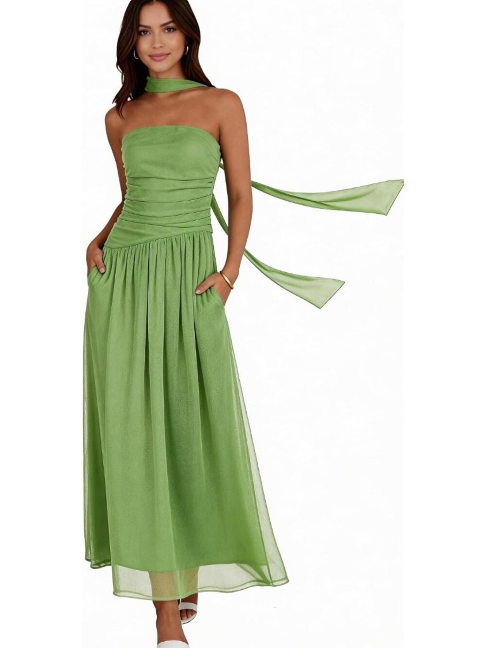 Women's Green Strapless Ruched Elastic Waist Side Pocket Wedding Maxi Dresses